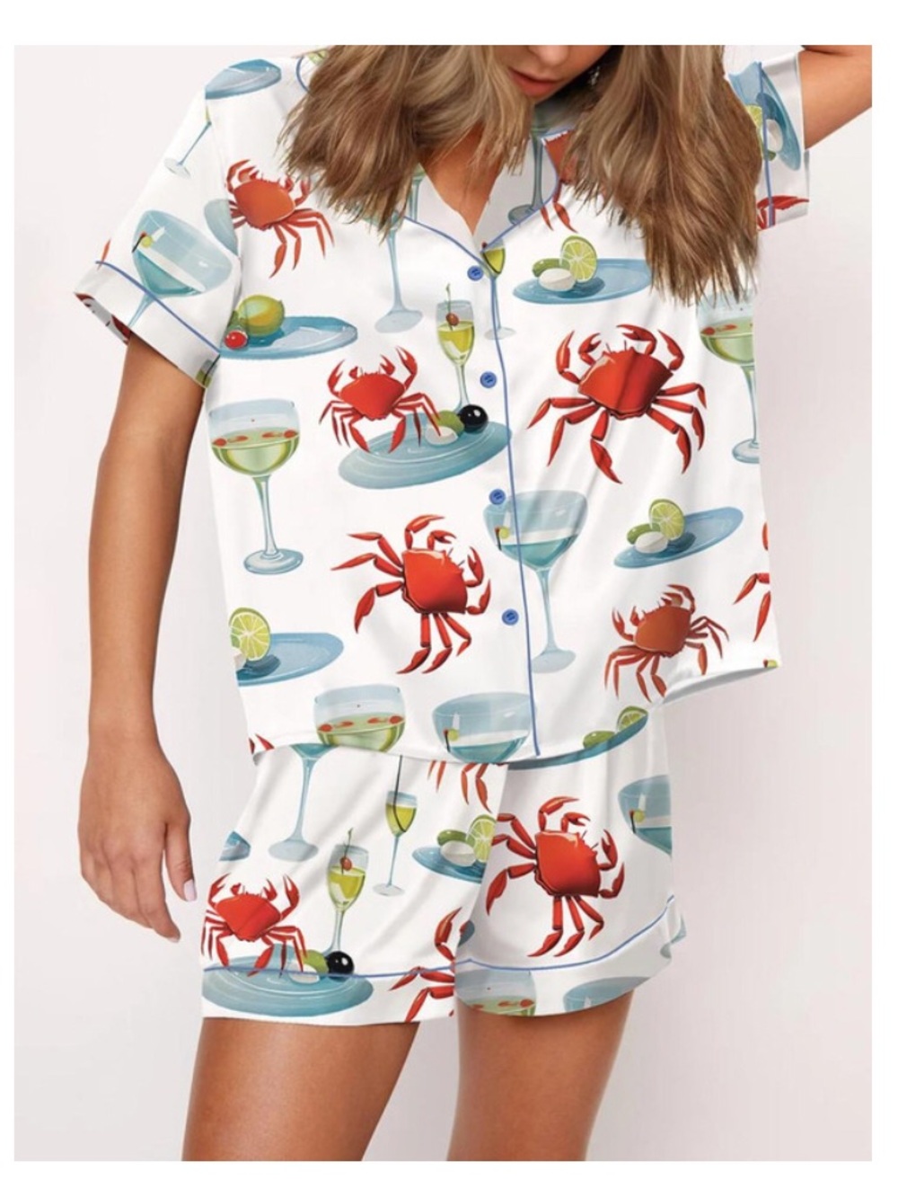Crab & Cocktail White Short Pajama Set - Women's Sleepwear
